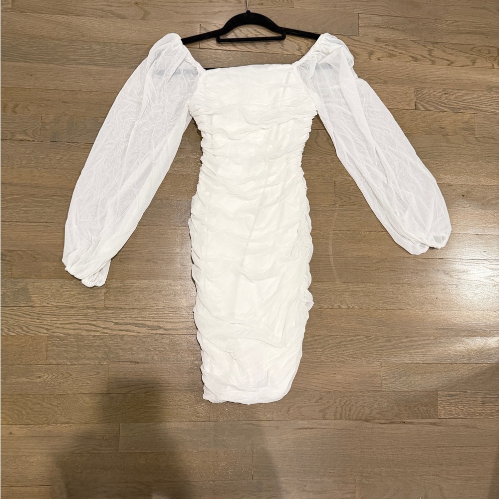 Runched White Puff Sleeve Dress